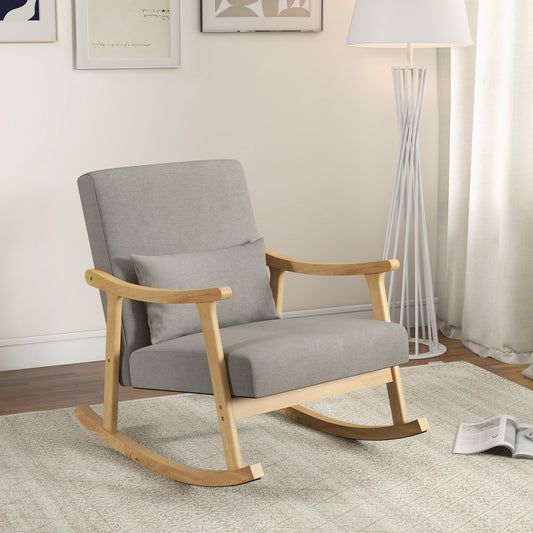 Cozy Linen Rocking Chair with Ergonomic Back and Solid Wood Arms