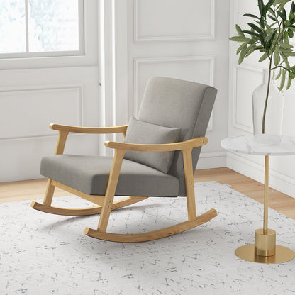 Cozy Linen Rocking Chair with Ergonomic Back and Solid Wood Arms