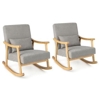 Cozy Linen Rocking Chair with Ergonomic Back and Solid Wood Arms