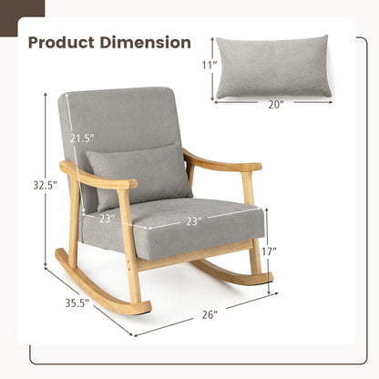 Cozy Linen Rocking Chair with Ergonomic Back and Solid Wood Arms