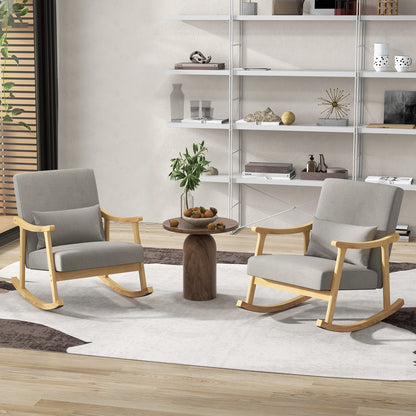 Cozy Linen Rocking Chair with Ergonomic Back and Solid Wood Arms