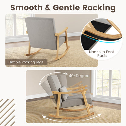 Cozy Linen Rocking Chair with Ergonomic Back and Solid Wood Arms
