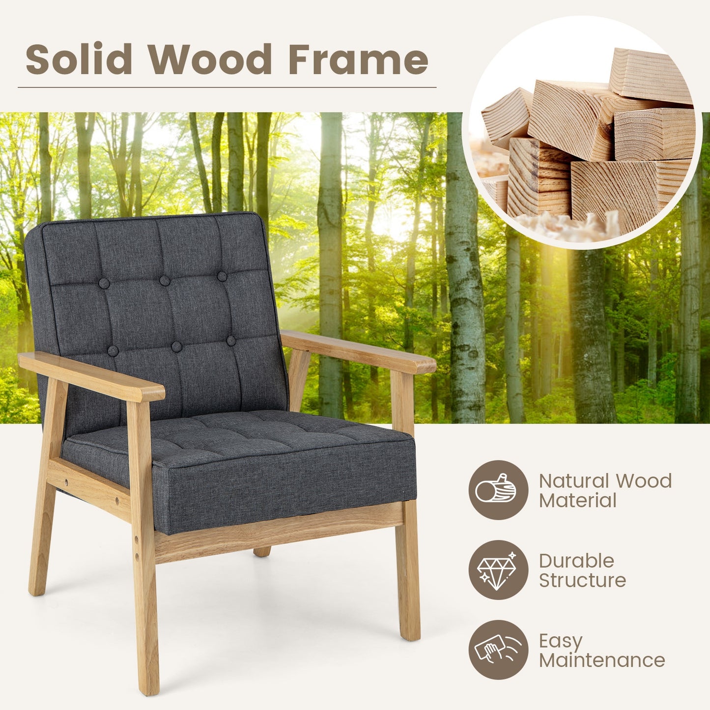 Comfy Accent Chair with Wood Armrests and Upholstered Seat - Grey