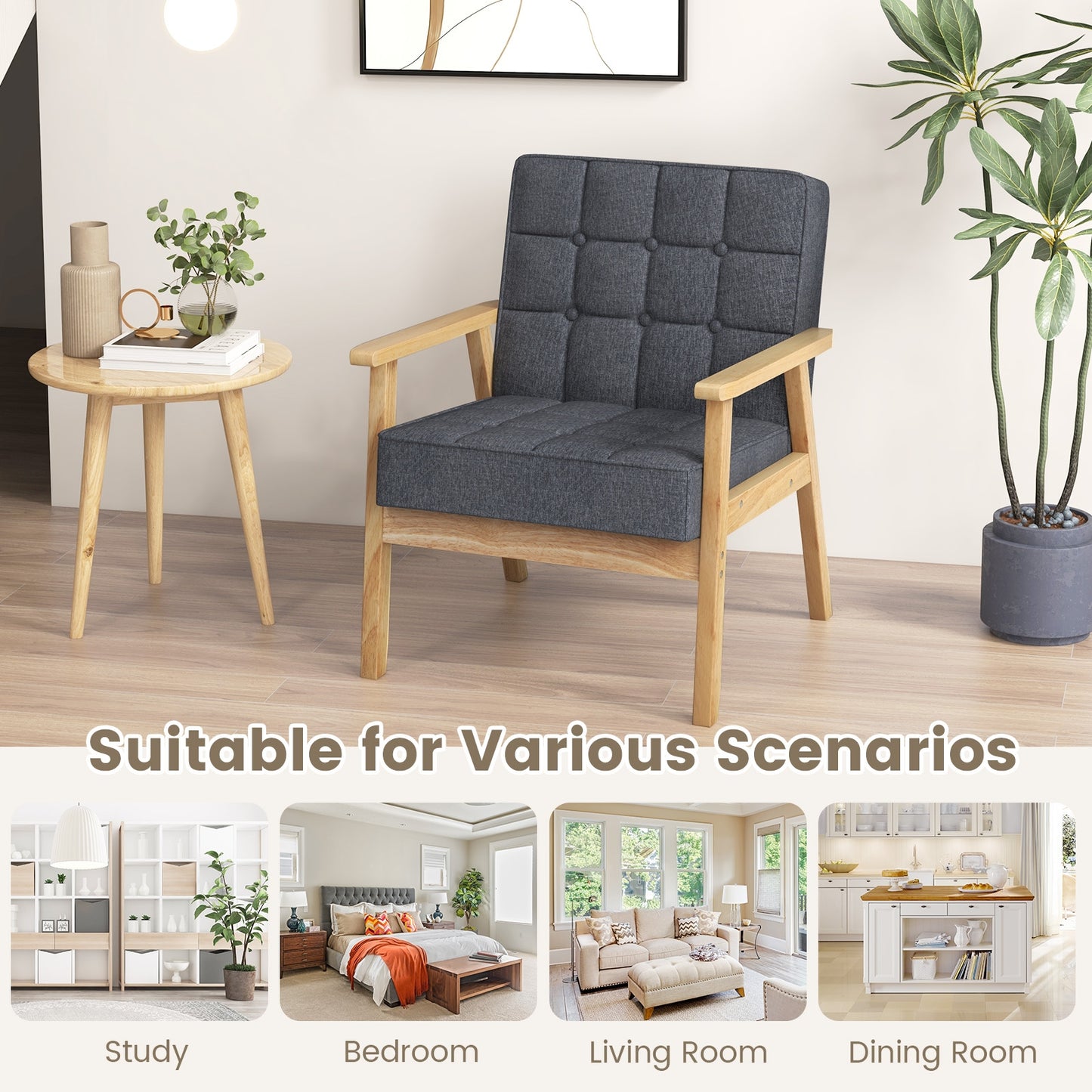 Comfy Accent Chair with Wood Armrests and Upholstered Seat - Grey