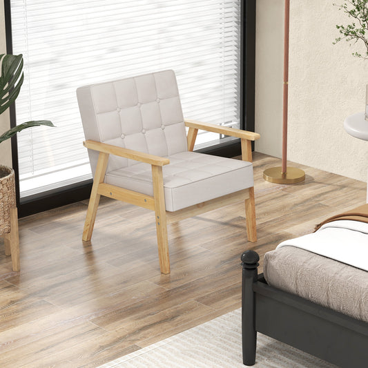 Comfy Accent Chair with Wood Armrests and Upholstered Seat - Beige
