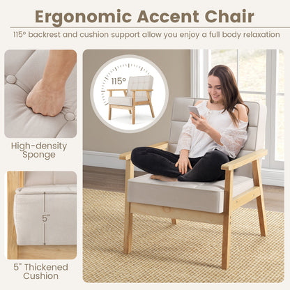 Comfy Accent Chair with Wood Armrests and Upholstered Seat - Beige