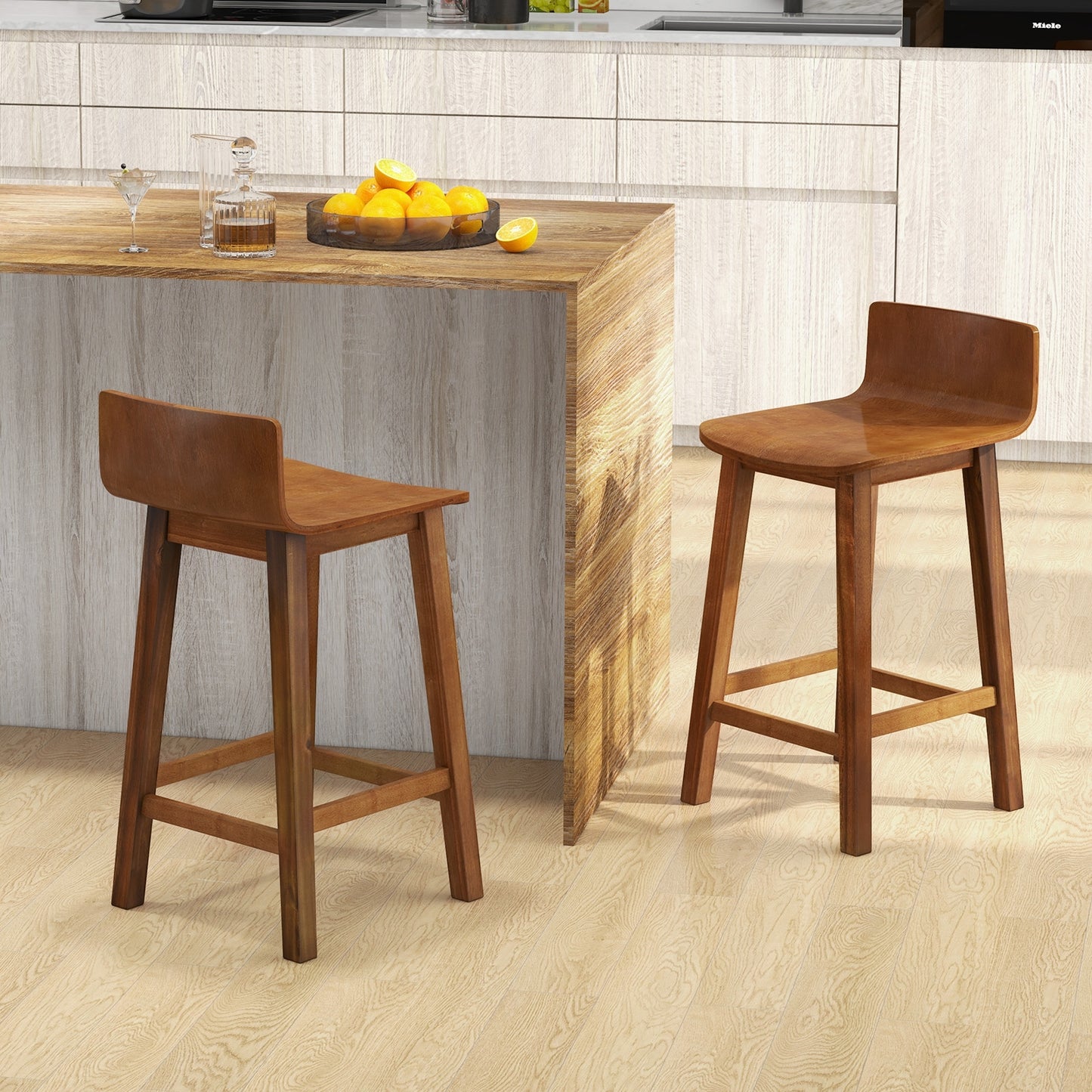 Wooden Bar Stools Set of 2 with Backrest and Footrest in Brown Finish, 24.5 Inch