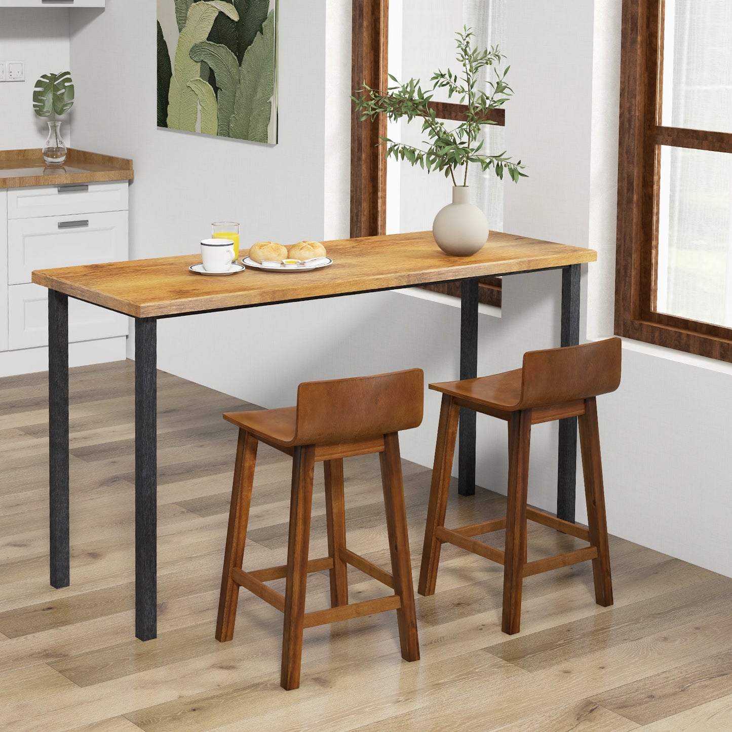 Wooden Bar Stools Set of 2 with Backrest and Footrest in Brown Finish, 24.5 Inch