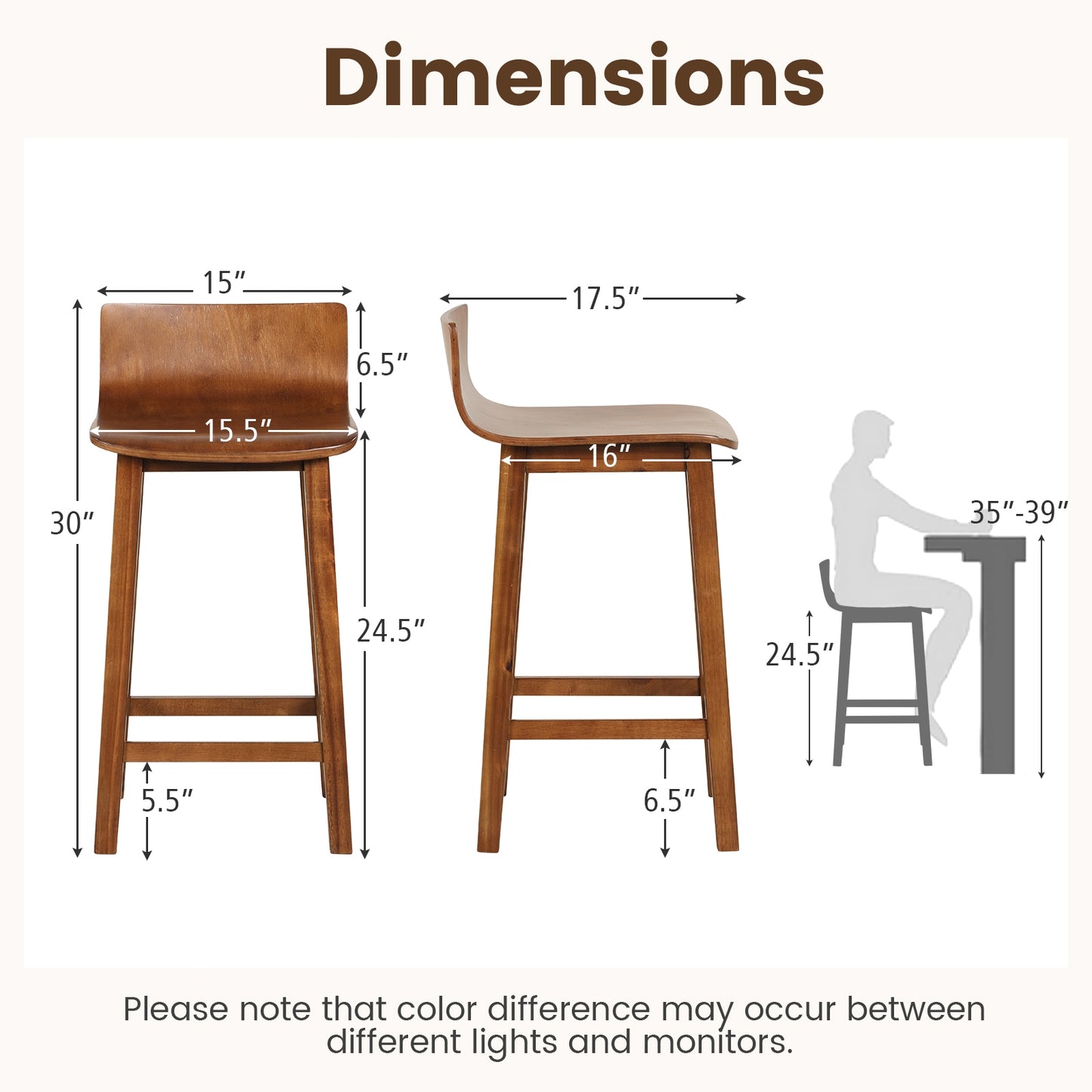 Wooden Bar Stools Set of 2 with Backrest and Footrest in Brown Finish, 24.5 Inch