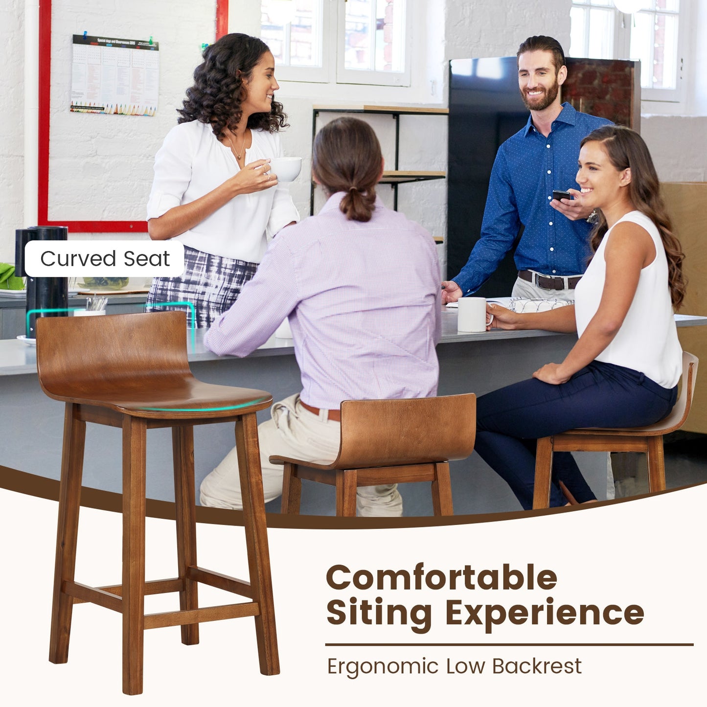 Wooden Bar Stools Set of 2 with Backrest and Footrest in Brown Finish, 24.5 Inch