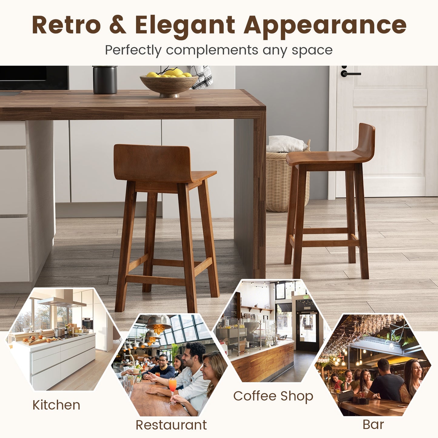 Wooden Bar Stools Set of 2 with Backrest and Footrest in Brown Finish, 24.5 Inch