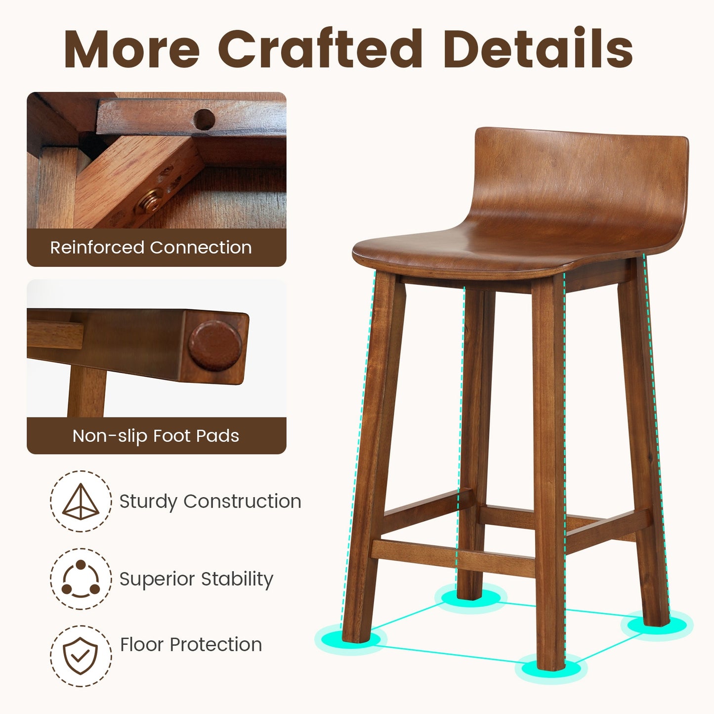 Wooden Bar Stools Set of 2 with Backrest and Footrest in Brown Finish, 24.5 Inch