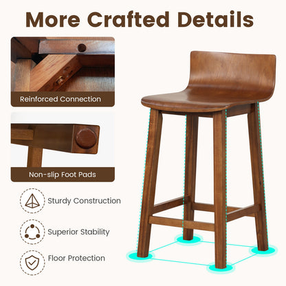 Wooden Bar Stools Set of 2 with Backrest and Footrest in Brown Finish, 24.5 Inch