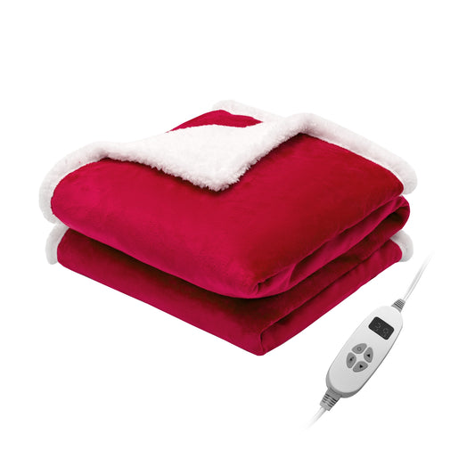 Reversible Electric Heated Blanket Throw with Flannel and Sherpa Fleece - Red