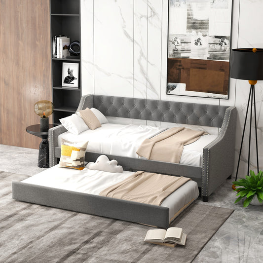 Twin Upholstered Daybed with Trundle, Curved Armrests and Tufted Backrest