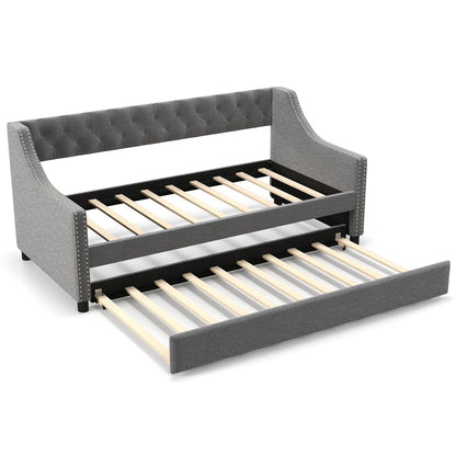 Twin Upholstered Daybed with Trundle, Curved Armrests and Tufted Backrest