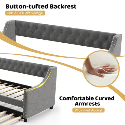 Twin Upholstered Daybed with Trundle, Curved Armrests and Tufted Backrest
