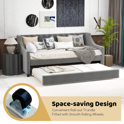 Twin Upholstered Daybed with Trundle, Curved Armrests and Tufted Backrest