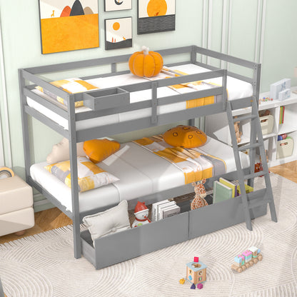 Space-Saving Twin Over Twin Bunk Bed with Storage Drawers and Ladder - Grey