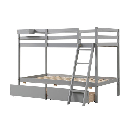 Space-Saving Twin Over Twin Bunk Bed with Storage Drawers and Ladder - Grey