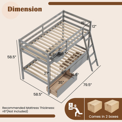 Space-Saving Twin Over Twin Bunk Bed with Storage Drawers and Ladder - Grey