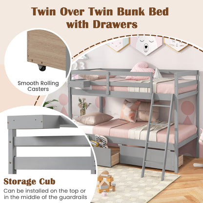 Space-Saving Twin Over Twin Bunk Bed with Storage Drawers and Ladder - Grey
