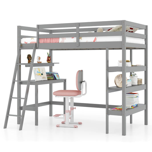 Solid Wood Twin Loft Bed with Desk and Storage Shelves for Kids and Teens - Grey