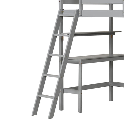Solid Wood Twin Loft Bed with Desk and Storage Shelves for Kids and Teens - Grey