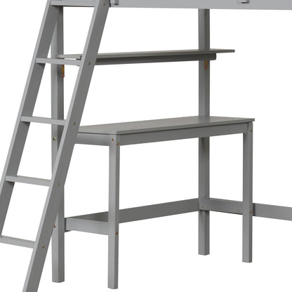 Solid Wood Twin Loft Bed with Desk and Storage Shelves for Kids and Teens - Grey