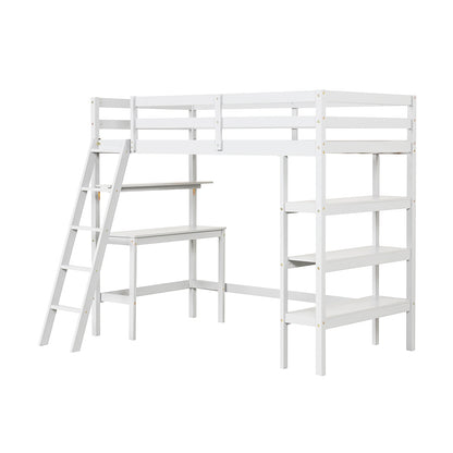 Solid Wood Twin Loft Bed with Desk and Storage Shelves for Kids and Teens - White
