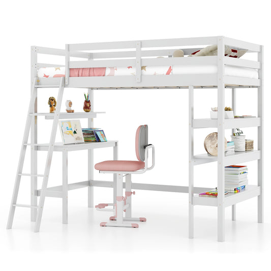 Solid Wood Twin Loft Bed with Desk and Storage Shelves for Kids and Teens - White