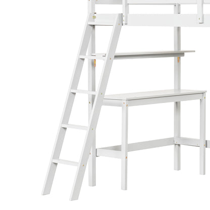 Solid Wood Twin Loft Bed with Desk and Storage Shelves for Kids and Teens - White
