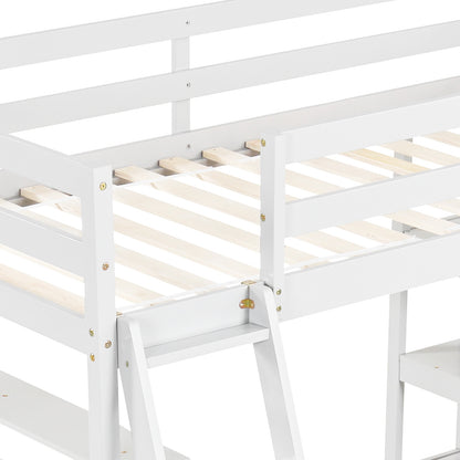 Solid Wood Twin Loft Bed with Desk and Storage Shelves for Kids and Teens - White