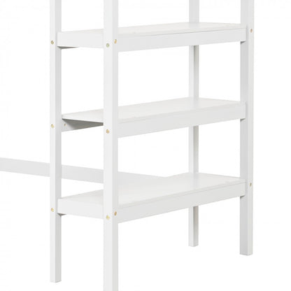 Solid Wood Twin Loft Bed with Desk and Storage Shelves for Kids and Teens - White