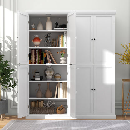 Tall Kitchen Pantry Cabinet with 6 Adjustable Shelves and 4 Doors for Storage and Organization White