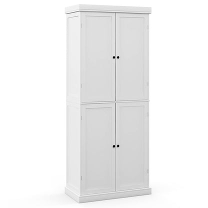 Tall Kitchen Pantry Cabinet with 6 Adjustable Shelves and 4 Doors for Storage and Organization White