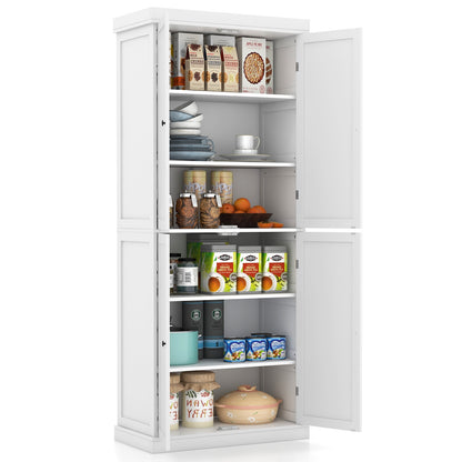 Tall Kitchen Pantry Cabinet with 6 Adjustable Shelves and 4 Doors for Storage and Organization White