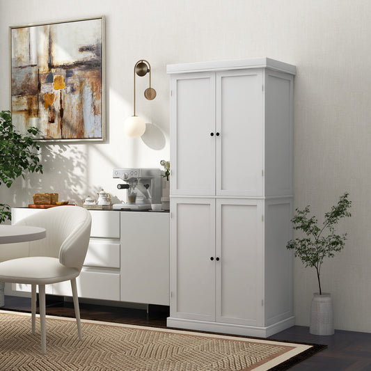 Tall Kitchen Pantry Cabinet with 6 Adjustable Shelves and 4 Doors for Storage and Organization White