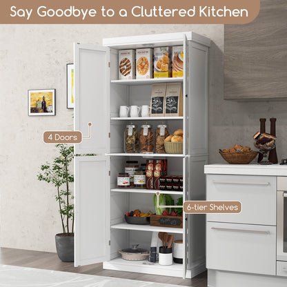 Tall Kitchen Pantry Cabinet with 6 Adjustable Shelves and 4 Doors for Storage and Organization White