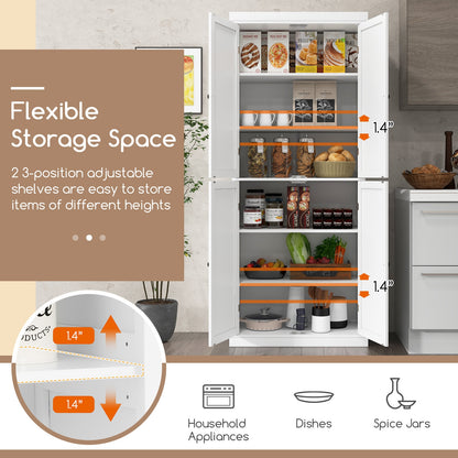 Tall Kitchen Pantry Cabinet with 6 Adjustable Shelves and 4 Doors for Storage and Organization White