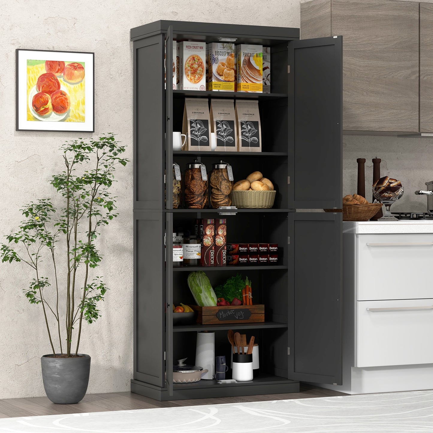 Tall Kitchen Pantry Cabinet with 6 Adjustable Shelves and 4 Doors for Storage and Organization Black