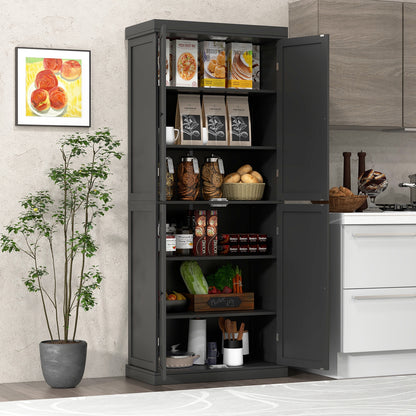 Tall Kitchen Pantry Cabinet with 6 Adjustable Shelves and 4 Doors for Storage and Organization Black