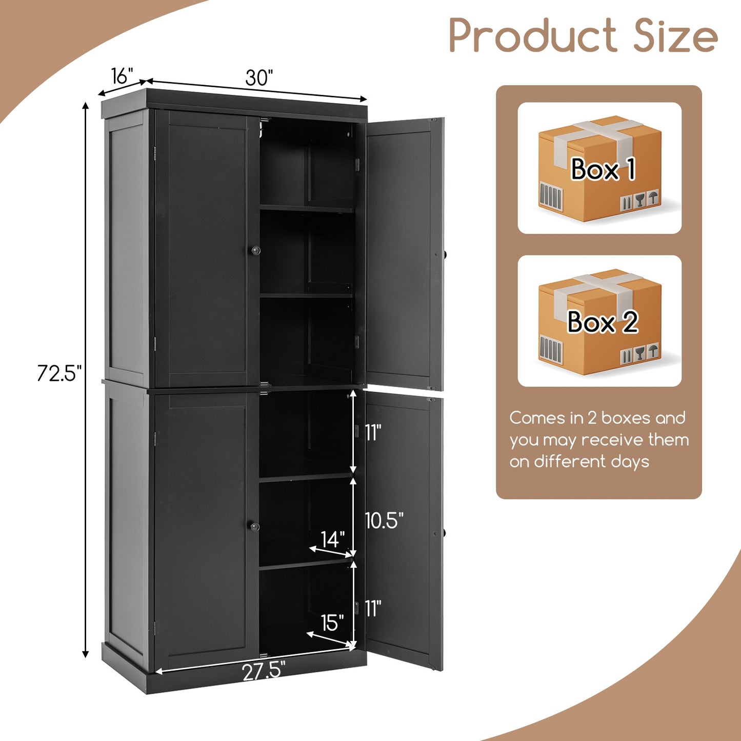 Tall Kitchen Pantry Cabinet with 6 Adjustable Shelves and 4 Doors for Storage and Organization Black