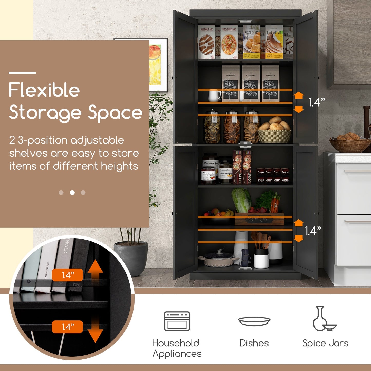 Tall Kitchen Pantry Cabinet with 6 Adjustable Shelves and 4 Doors for Storage and Organization Black