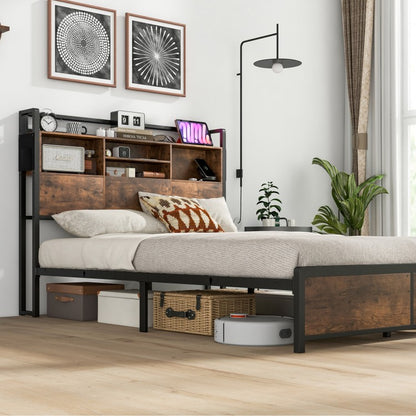 Metal Bed Frame with 3-Tier Bookcase Headboard and Built-in Charging Station – Full/Queen Size