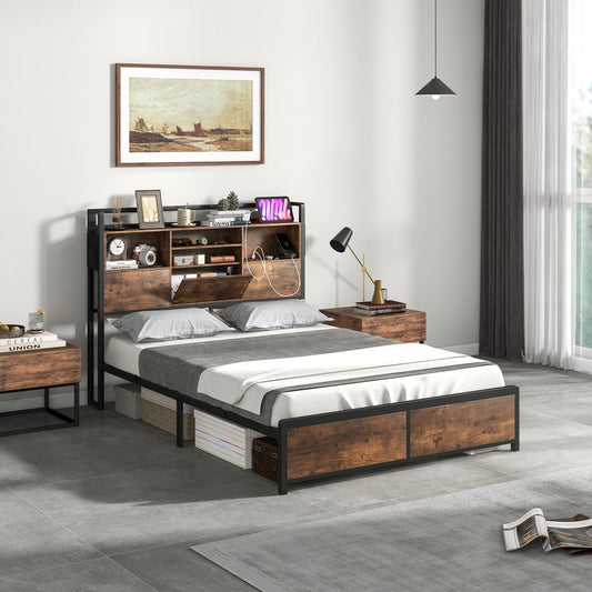 Metal Bed Frame with 3-Tier Bookcase Headboard and Built-in Charging Station – Full/Queen Size