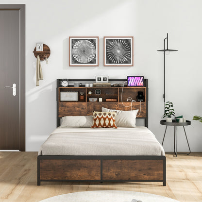 Metal Bed Frame with 3-Tier Bookcase Headboard and Built-in Charging Station – Full/Queen Size