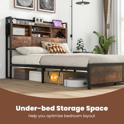 Metal Bed Frame with 3-Tier Bookcase Headboard and Built-in Charging Station – Full/Queen Size