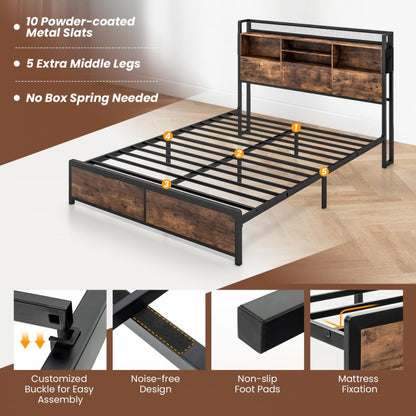 Metal Bed Frame with 3-Tier Bookcase Headboard and Built-in Charging Station – Full/Queen Size