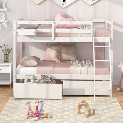 Space-Saving Twin Over Twin Bunk Bed with Storage Drawers and Ladder - White